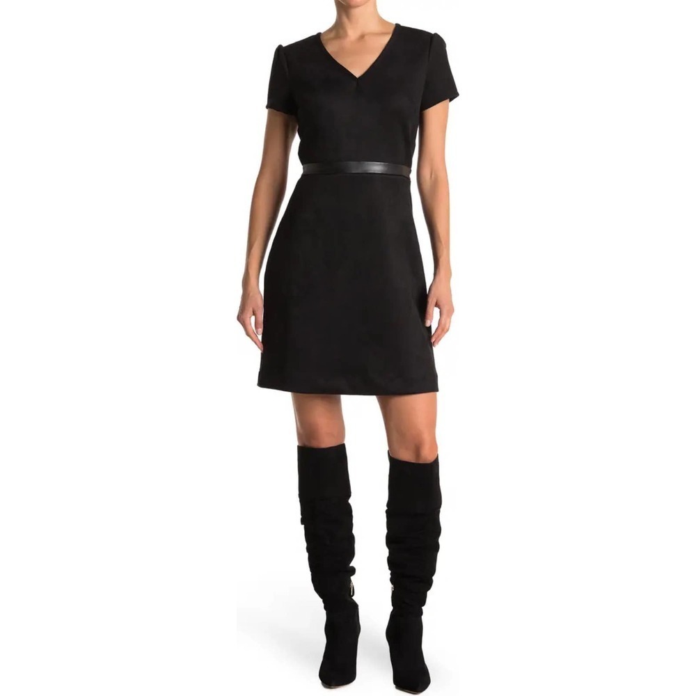 Sharagano Faux Suede Dress In Black Size 4
